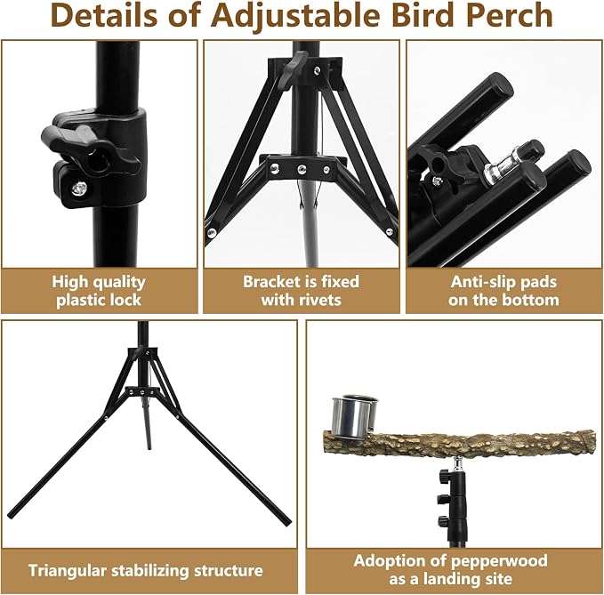 kathson 28-60inches Height Adjustable Bird Perch, Pepperwood Parrot Perch Stand - Image 5