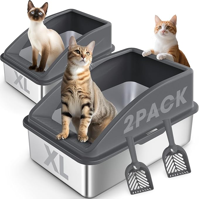 2 Pack Stainless Steel Litter Box | XL Enclosed Cat Litter Boxes by AIPERRO