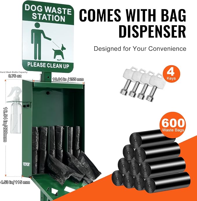 VEVOR Dog Waste Station with Hand Wash Bottle, 11.5 Gallons Pet Waste Bin with - Image 3