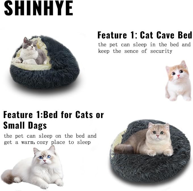 ShinHye Cat Bed Round Plush Fluffy Hooded Cat Bed Cave, Cozy - Image 5