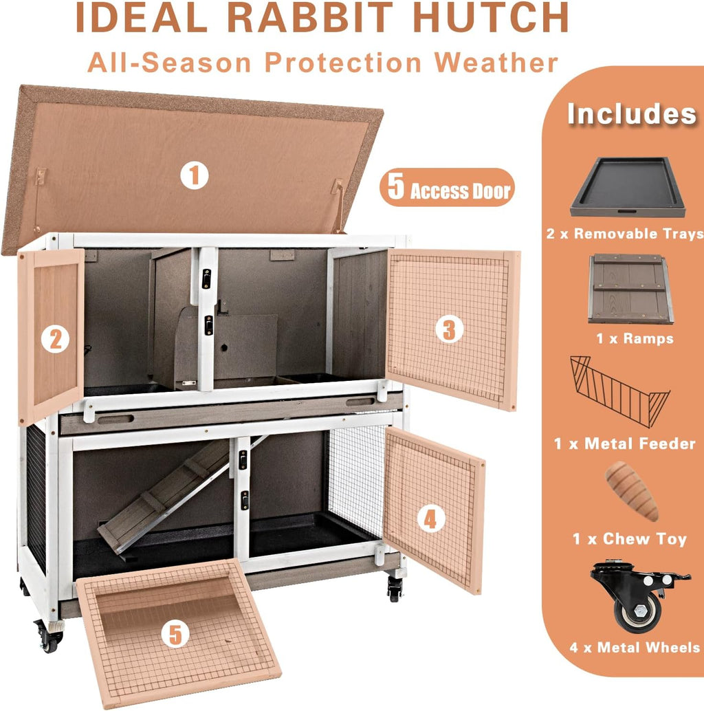 Gowoodhut 36" 2-Story Rabbit Hutch with 4 Wheels, Grey - GlobalHabitat Supply