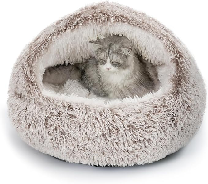 CATISM Plush Hooded Cat Bed, Calming Nest, Self-Warming Cave, Cozy Pod by Petsfriend