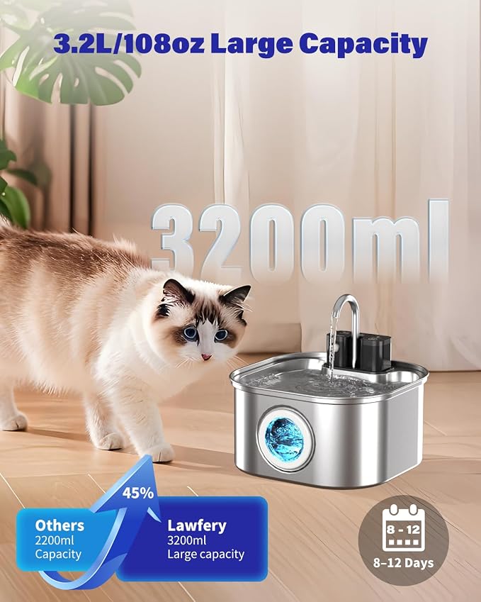 Wireless Cat Water Fountain Stainless Steel 3.2L/108oz, Battery Operated Pet - Image 2