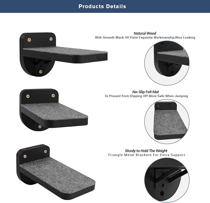 ESPETS Set of 3 Black Natural Sturdy Wood Cat Wall Floating Steps - Image 2
