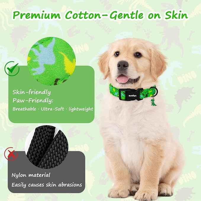 Dinosaur Dog Collar，Green with Multicolor Dino Pattern Handmade Cotton Collar