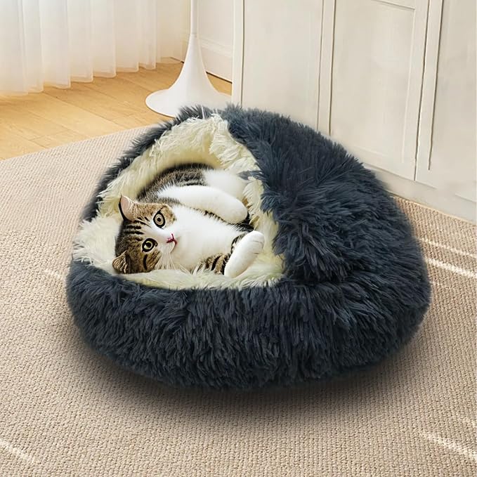 ShinHye Cat Bed Round Plush Fluffy Hooded Cat Bed Cave, Cozy - Image 5