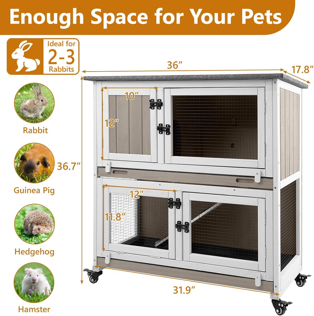 2-Story Wooden Rabbit Cage with 2 Pull-Out Trays, 4 Wheels - GlobalHabitat Supply