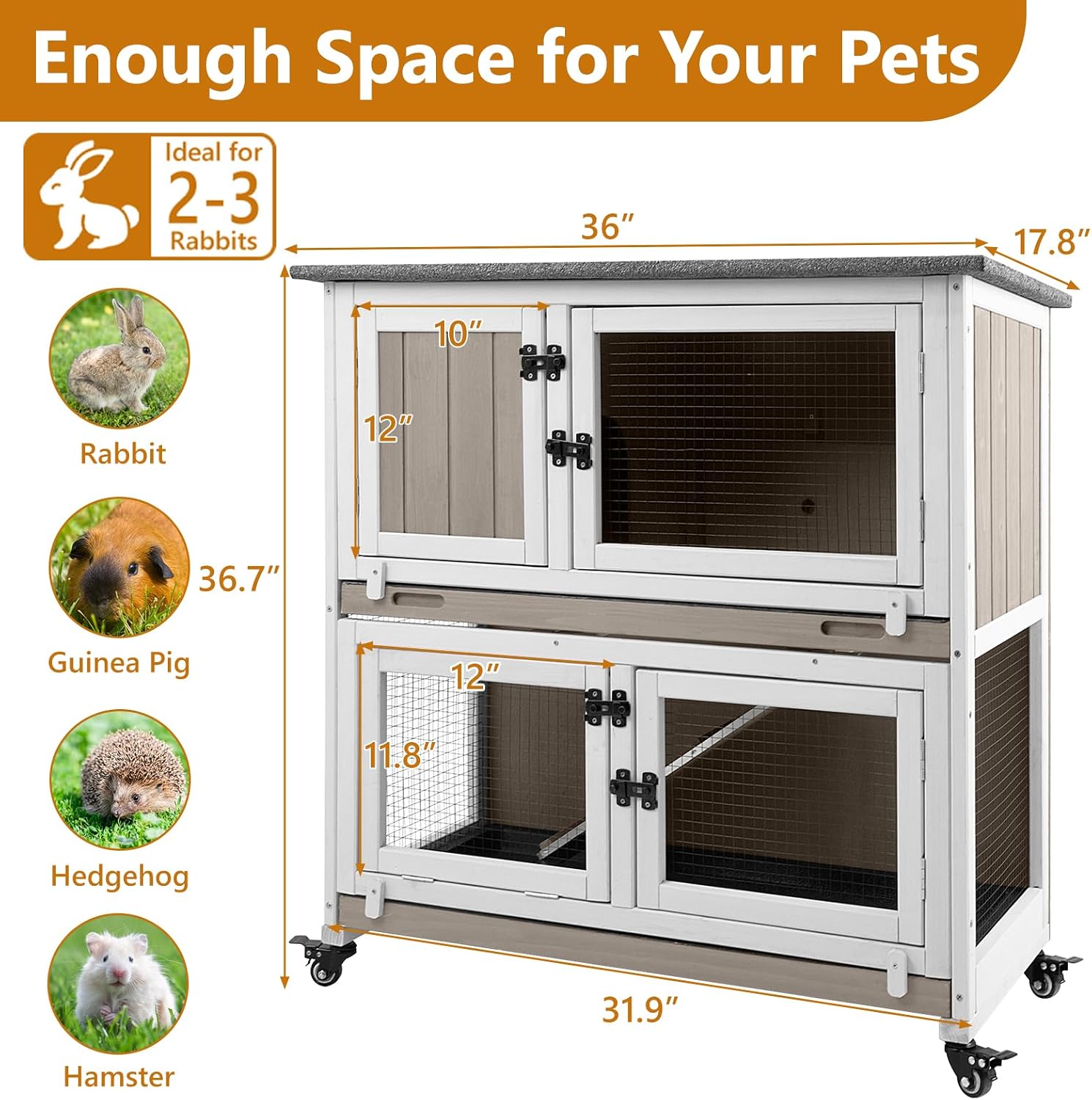 2-Story Wooden Rabbit Cage with 2 Pull-Out Trays, 4 Wheels - GlobalHabitat Supply