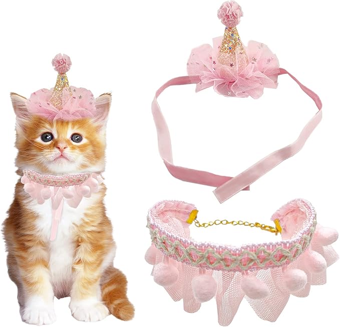 Birthday Hat Scarf Set for Pet Puppy Cat, Cute Lace Bandana Bib Scarf Crown Hat by RUKUHOT