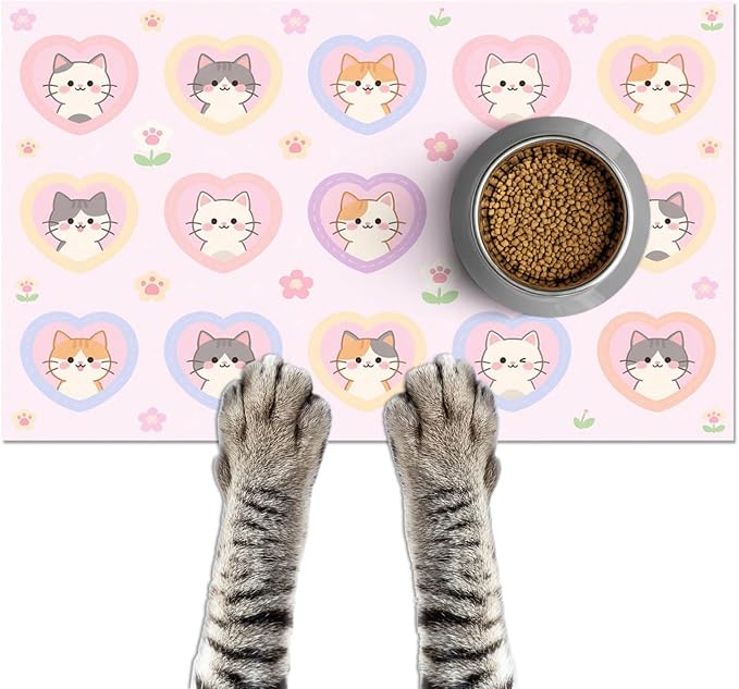 Cat Feedings Mats 20x12 inch Pink Heart Kitten Print Pet Bowl Placemat Non Slip by HOMETITUTE