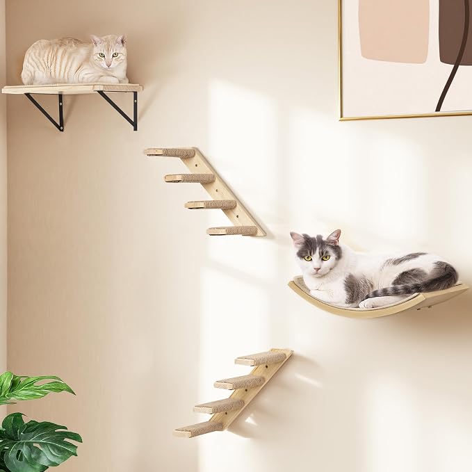 Cat Wall Shelves Set with Sisal Cats Window Perch, 4 Piece Wood Climbing by PELUOMOZ