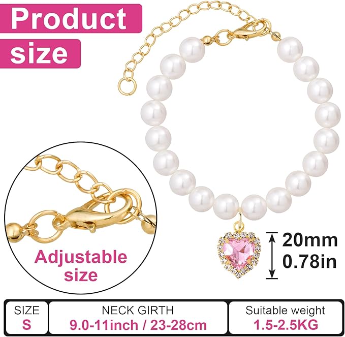 2pcs Cat Dog Pearl Collar, Small Heart Shape Rhinestone Pet Necklace, - Image 2