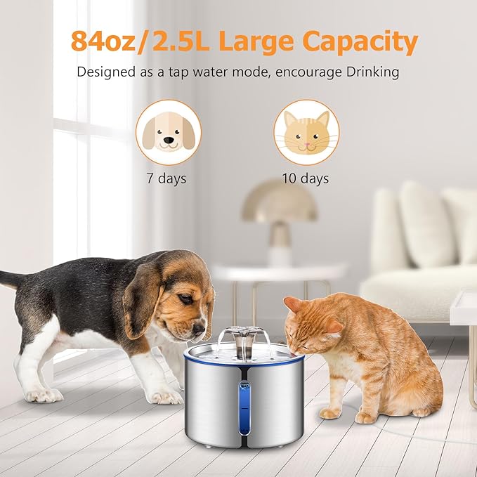 Cat Water Fountain, 84oz/2.5L Stainless Steel Pet Water Fountain, Automatic Dog - Image 3