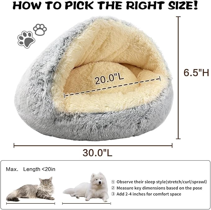 ShinHye Round Plush Fluffy Hooded Cat Bed Cave, Cozy - Image 2