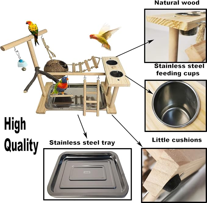 Parrots Playground Bird Play Stand Natural Wood Parrot Perch Gym Playpen - Image 4