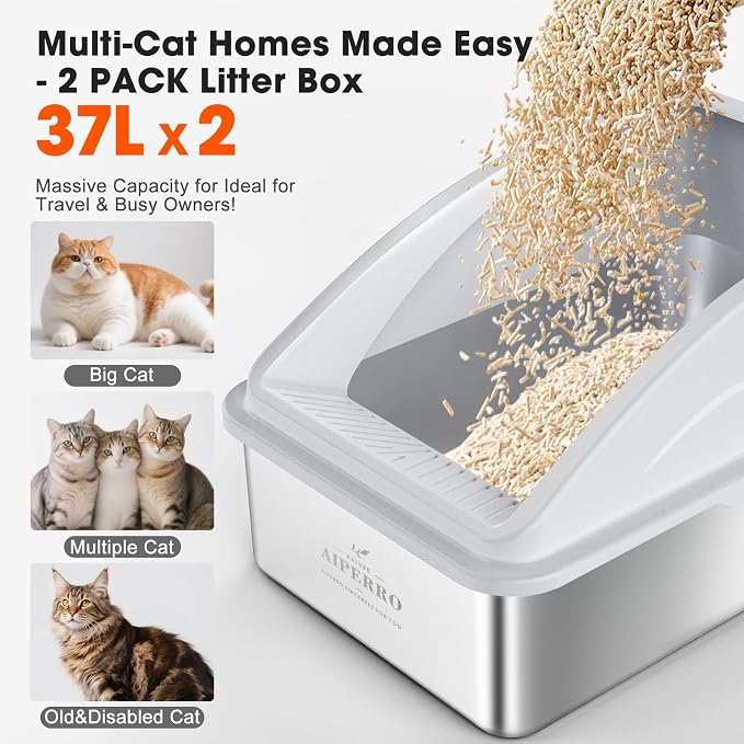 2 Pack Stainless Steel Litter Box | XL Enclosed Cat Litter Boxes - Image 8