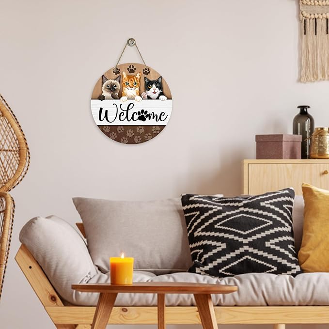 Deroro Welcome Cats Front Door Sign, Paw Prints Wood Door Hanger Outdoor - Image 6