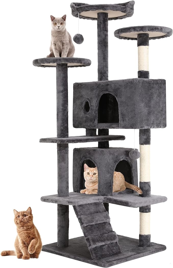 BestPet | 54" Cat Tree Tower | Light Gray | Sturdy, Hanging Cat Toys, by BestPet