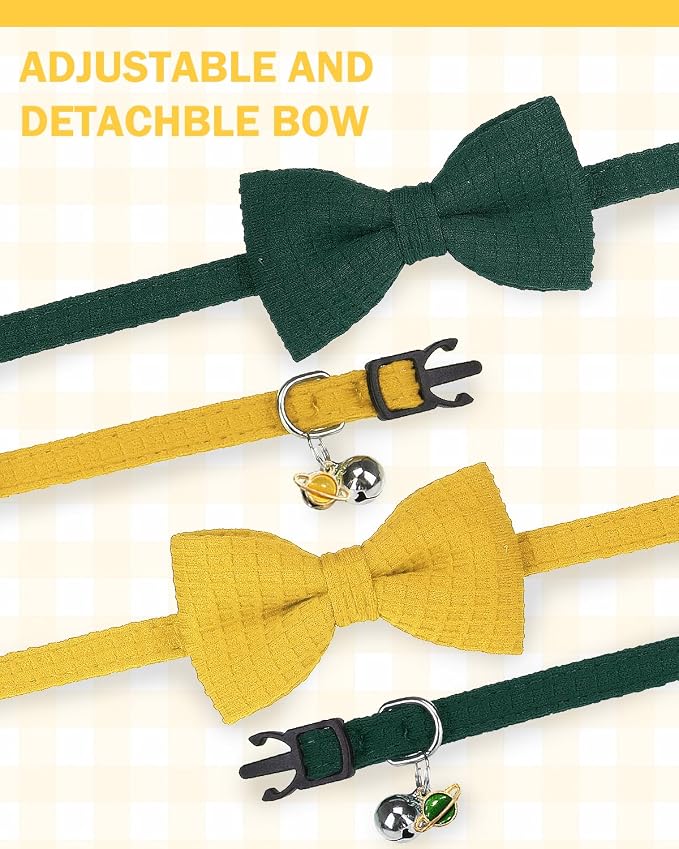 Cat Collar Breakaway with Bells, Soft Cotton Green Cat Bowtie Collar - Image 6