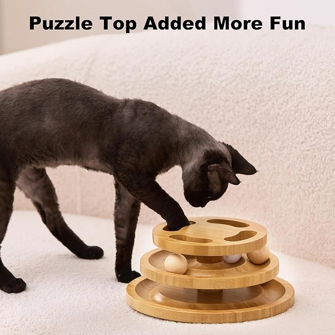 Cat Ball Track Toy with Puzzle Top, Wooden Cat Toys - Image 3