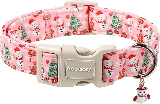 DOGWONG Christmas Dog Collar- Cute Pink Snowman Dog Collars, Adjustable by DOGWONG