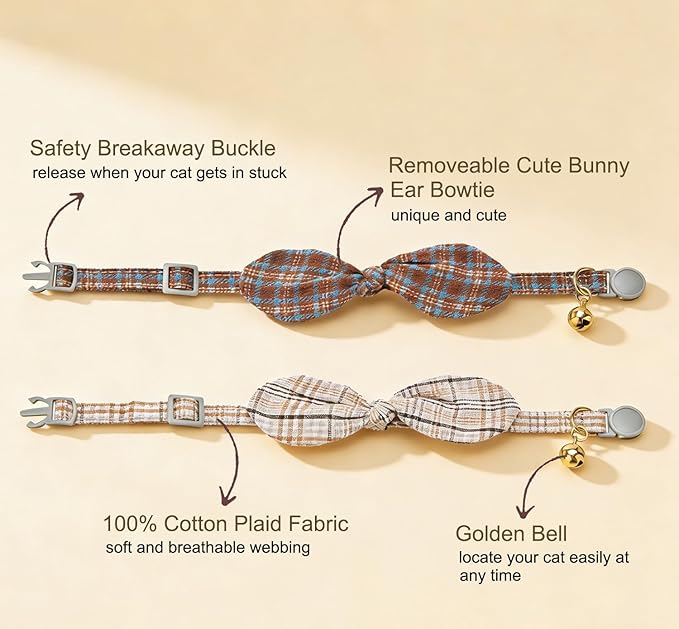Cotton Bowtie Cat Collar with Bell 2 Pack Plaid Breakaway Kitten Collars with - Image 2