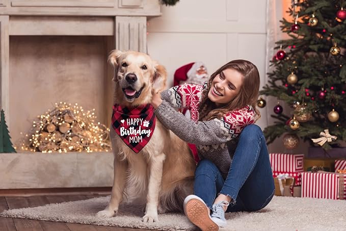 Ptzizi Funny Red Plaid Happy Birthday Mom Dog Printed Triangle Bandana - Image 4