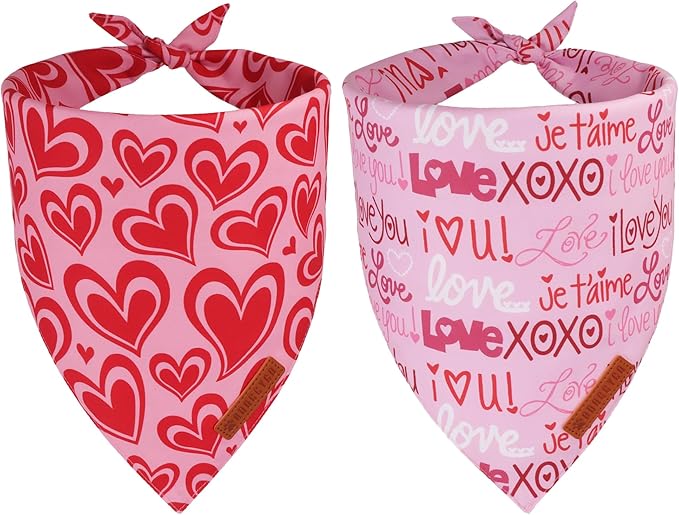 ADOGGYGO Valentine Dog Bandanas 2 Pack, Reversible Heart Love Print Pet Scarf by ADOGGYGO