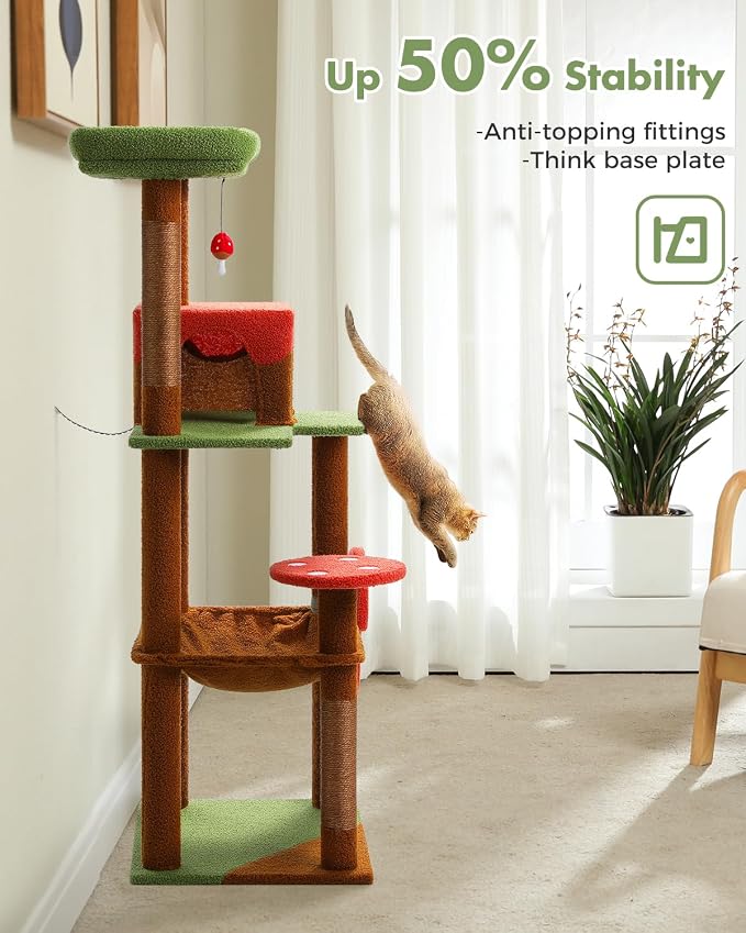 Mushroom Cat Tree Tower with Removable Scratcher, Large Hammock, 3 Sisal Posts - Image 7