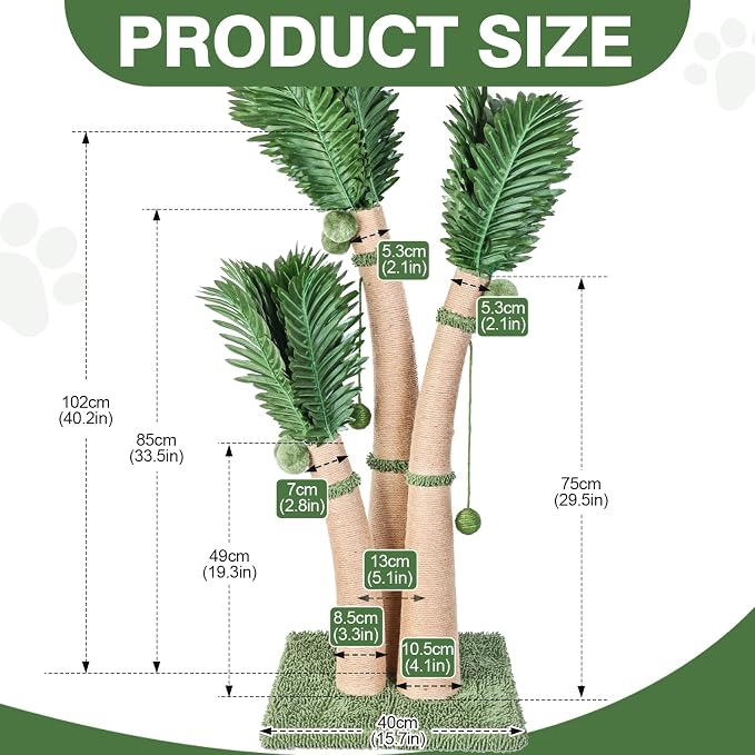 40'' Tall Cat Scratching Post Cat Tree, 3 Curved Design Palm Tree Cat - Image 3