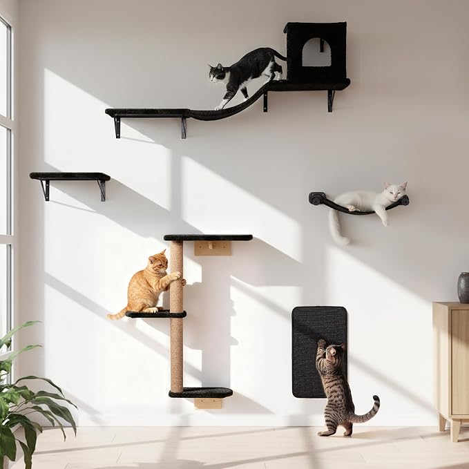 Wall Mounted Cat Furniture Combo of 5, 5 in 1 Cat Shelves by PELUOMOZ