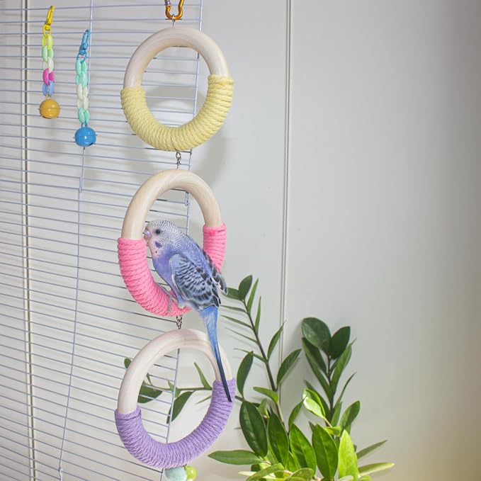 3-Ring Bird Wooden Swing Climbing Toy Chewable Cotton Rope Perch - Image 7