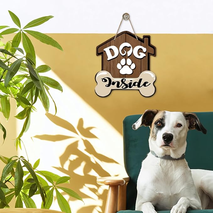 Dog Inside Front Door Sign, Doghouse Bone Paw Prints Wood Door Hanger Outdoor - Image 6