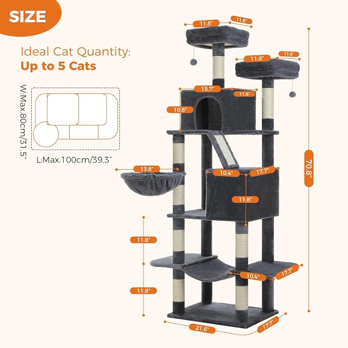 70.8" Tall Cat Tree for Large Cats, 2 Top Perches, Big Condo, Large Hammock - Image 7