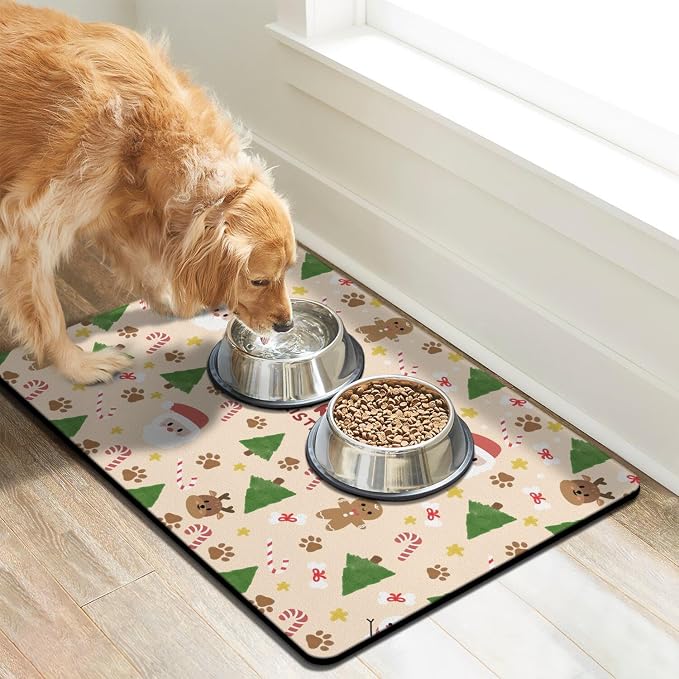 Christmas Dog Food & Water Mat, Paw Prints Santa Claus Snowman Xmas Pet Feeding - Image 2