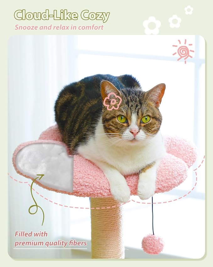 Flower Cat Tree with Large Metal Frame Hammock, Cat Condo with Pink Top Perch - Image 6