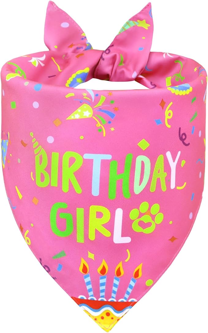 Dog Birthday Bandana Girl for Large X-Large Dogs, Reversible 2 Patterns in 1 by WoffBow