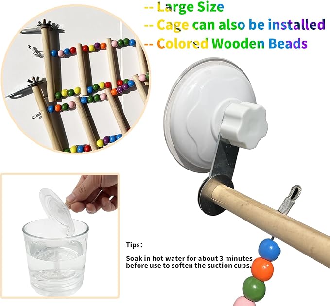 FlidRunest Suction Cup Wooden Bird Perch Stand Toy, Colorful Bird Parrot Ladder - Image 6