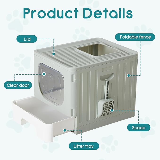 OLIXIS Cat Litter Box with Lid, Large Foldable Cat Box with Litter Scoop - Image 5