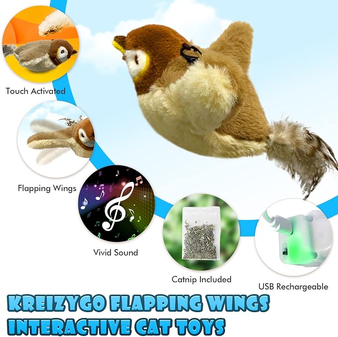 Cat Toys, Flapping Wings Sparrow, No Flying, Chirping Bird Interactive Catnip - Image 2
