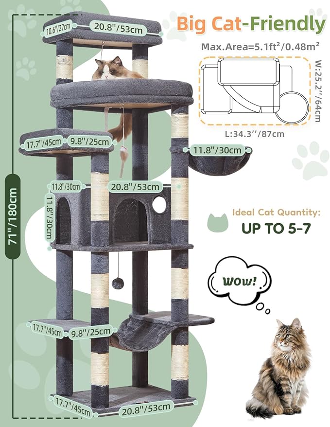 Taoqimiao 71 Inches Cat Tree for Large Cats 20lbs+, 3 Giant Perches, Widened - Image 2