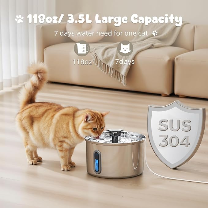 Cat Water Fountain Stainless Steel, 118oz/ 3.5L Large Capacity Automatic Pet - Image 5