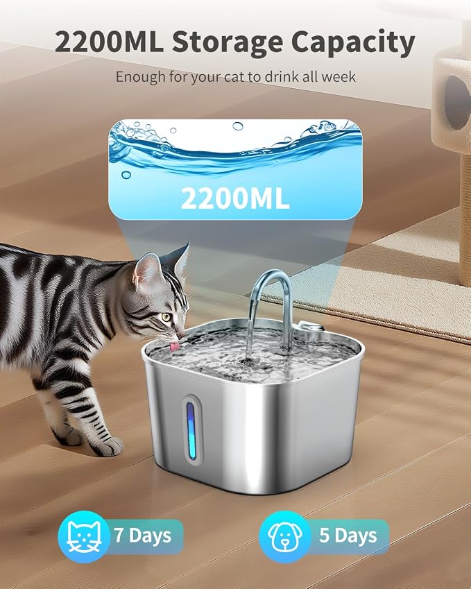 Cat Water Fountain Stainless Steel, 74oz/2.2L Automatic Cat Drinking Fountain - Image 2