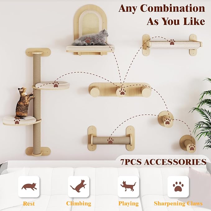BYBYME 7Pcs Cat Wall Shelves, Solid Wood Indoor Cat Tree, Sturdy Wooden Wall - Image 4