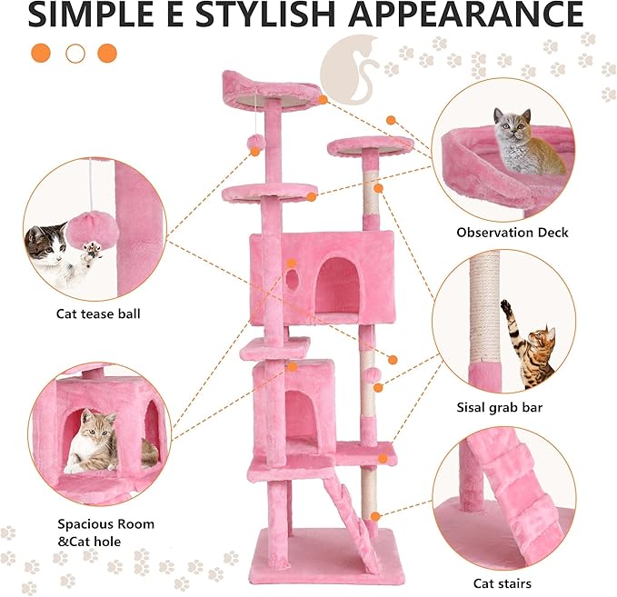 70 Inch Pink Cat Tree, Tall Cat Tower - Image 5