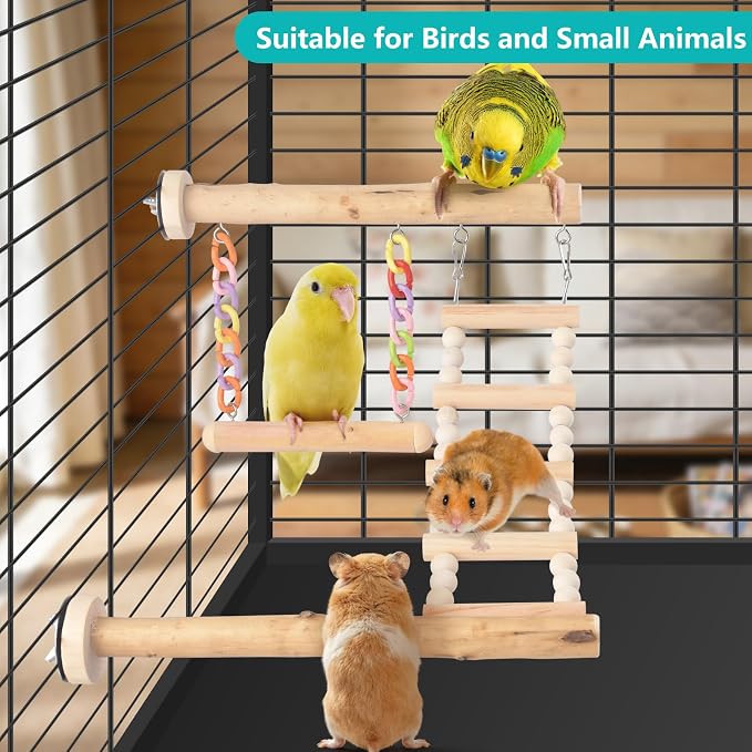 Bird Perches Ladder with Swing, Natural Wood Parrot Climbing Bridge Perch Toys - Image 7