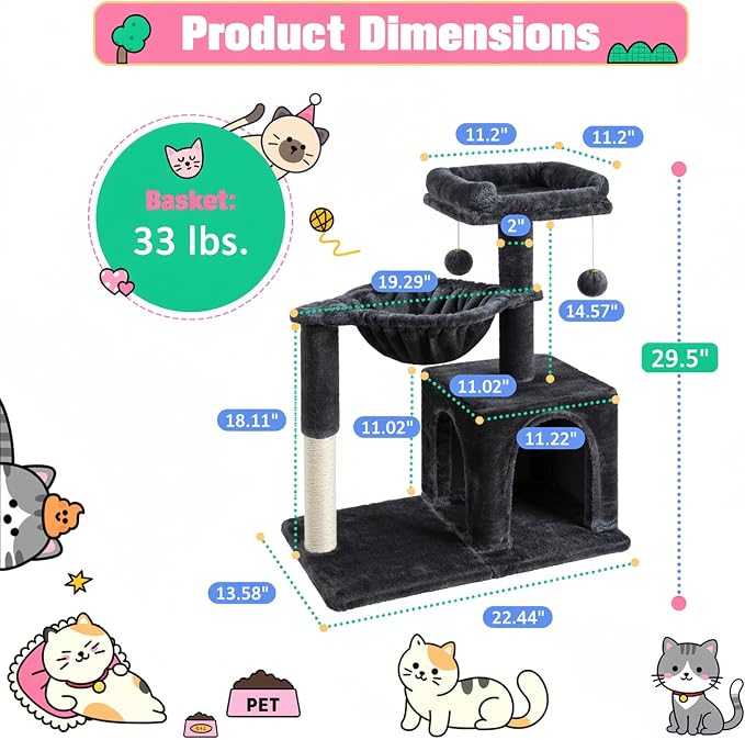 Allewie 29.5in Indoor Cat Tree, Padded Perch, and Hanging Ball, Suitable - Image 5