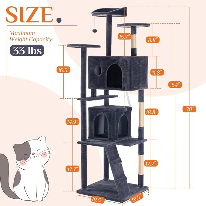 Large Cat Tree 70 Inch, Sisal Scratching Posts and Climbing Ladder, Pet Play - Image 2