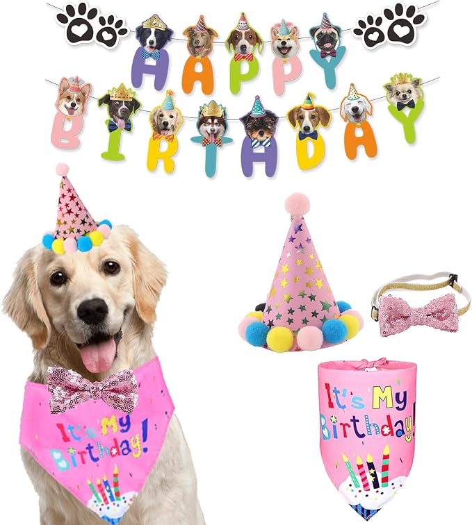 Dog Boy Birthday Party Outfits, Birthday Hat, Bow Tie, Happy Birthday Banner by Agirlvct
