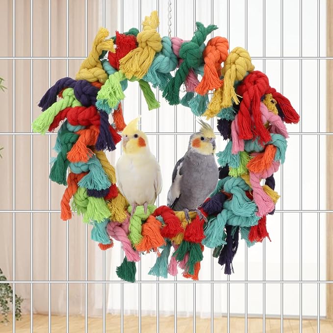 Bird Colorful Cotton Rope Hanging Ring Parrot Preening Grooming Chew Climb - Image 2